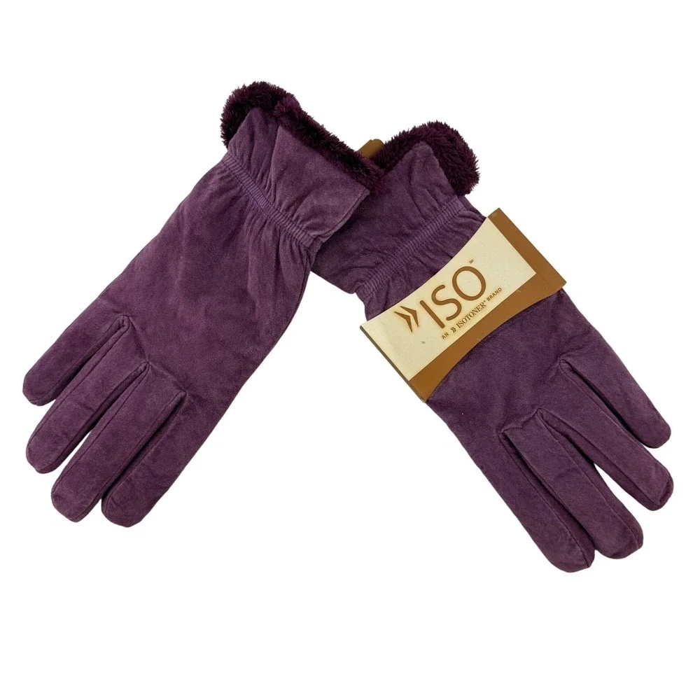 Isotoner Gloves‎ Blackberry Purple Women L Genuine Leather Faux Fur Trim New